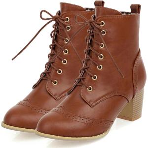 imageSHEMEE Womens Wingtip Block Heels Ankle Boots LaceUp Stacked Chunky Heel Booties Round Toe Short BootsBrown