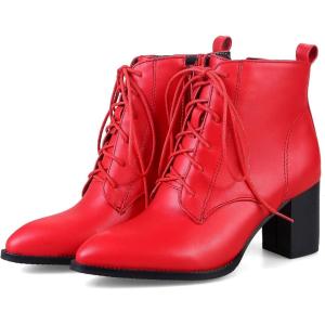 imageSHEMEE Womens Wingtip Block Heels Ankle Boots LaceUp Stacked Chunky Heel Booties Round Toe Short BootsRed With Zip