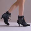 imageSHEMEE Fringe Booties for Women Kitten Heels Ankle Boots Lace Up Pointy Toe Tassel Short Boot Low Mid Heels Wingtip Tie Up Splicing Denim Vintage Dress ShoesBlack