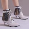 imageSHEMEE Fringe Booties for Women Kitten Heels Ankle Boots Lace Up Pointy Toe Tassel Short Boot Low Mid Heels Wingtip Tie Up Splicing Denim Vintage Dress ShoesWhite