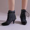 imageSHEMEE Fringe Booties for Women Kitten Heels Ankle Boots Lace Up Pointy Toe Tassel Short Boot Low Mid Heels Wingtip Tie Up Splicing Denim Vintage Dress ShoesBlack