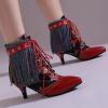 imageSHEMEE Fringe Booties for Women Kitten Heels Ankle Boots Lace Up Pointy Toe Tassel Short Boot Low Mid Heels Wingtip Tie Up Splicing Denim Vintage Dress ShoesRed