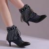 imageSHEMEE Fringe Booties for Women Kitten Heels Ankle Boots Lace Up Pointy Toe Tassel Short Boot Low Mid Heels Wingtip Tie Up Splicing Denim Vintage Dress ShoesBlack