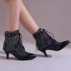 imageSHEMEE Fringe Booties for Women Kitten Heels Ankle Boots Lace Up Pointy Toe Tassel Short Boot Low Mid Heels Wingtip Tie Up Splicing Denim Vintage Dress ShoesBlack