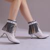 imageSHEMEE Fringe Booties for Women Kitten Heels Ankle Boots Lace Up Pointy Toe Tassel Short Boot Low Mid Heels Wingtip Tie Up Splicing Denim Vintage Dress ShoesWhite