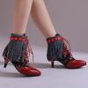imageSHEMEE Fringe Booties for Women Kitten Heels Ankle Boots Lace Up Pointy Toe Tassel Short Boot Low Mid Heels Wingtip Tie Up Splicing Denim Vintage Dress ShoesRed