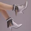 imageSHEMEE Fringe Booties for Women Kitten Heels Ankle Boots Lace Up Pointy Toe Tassel Short Boot Low Mid Heels Wingtip Tie Up Splicing Denim Vintage Dress ShoesWhite
