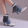 imageSHEMEE Fringe Booties for Women Kitten Heels Ankle Boots Lace Up Pointy Toe Tassel Short Boot Low Mid Heels Wingtip Tie Up Splicing Denim Vintage Dress ShoesBlueWhite
