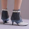 imageSHEMEE Fringe Booties for Women Kitten Heels Ankle Boots Lace Up Pointy Toe Tassel Short Boot Low Mid Heels Wingtip Tie Up Splicing Denim Vintage Dress ShoesBlueWhite
