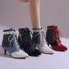 imageSHEMEE Fringe Booties for Women Kitten Heels Ankle Boots Lace Up Pointy Toe Tassel Short Boot Low Mid Heels Wingtip Tie Up Splicing Denim Vintage Dress ShoesBlack