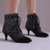 imageSHEMEE Fringe Booties for Women Kitten Heels Ankle Boots Lace Up Pointy Toe Tassel Short Boot Low Mid Heels Wingtip Tie Up Splicing Denim Vintage Dress ShoesBlack