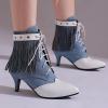 imageSHEMEE Fringe Booties for Women Kitten Heels Ankle Boots Lace Up Pointy Toe Tassel Short Boot Low Mid Heels Wingtip Tie Up Splicing Denim Vintage Dress ShoesBlueWhite