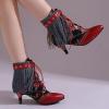 imageSHEMEE Fringe Booties for Women Kitten Heels Ankle Boots Lace Up Pointy Toe Tassel Short Boot Low Mid Heels Wingtip Tie Up Splicing Denim Vintage Dress ShoesRed