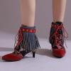imageSHEMEE Fringe Booties for Women Kitten Heels Ankle Boots Lace Up Pointy Toe Tassel Short Boot Low Mid Heels Wingtip Tie Up Splicing Denim Vintage Dress ShoesRed