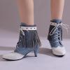imageSHEMEE Fringe Booties for Women Kitten Heels Ankle Boots Lace Up Pointy Toe Tassel Short Boot Low Mid Heels Wingtip Tie Up Splicing Denim Vintage Dress ShoesBlueWhite