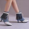 imageSHEMEE Fringe Booties for Women Kitten Heels Ankle Boots Lace Up Pointy Toe Tassel Short Boot Low Mid Heels Wingtip Tie Up Splicing Denim Vintage Dress ShoesBlueWhite