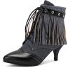 imageSHEMEE Fringe Booties for Women Kitten Heels Ankle Boots Lace Up Pointy Toe Tassel Short Boot Low Mid Heels Wingtip Tie Up Splicing Denim Vintage Dress ShoesBlack
