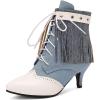 imageSHEMEE Fringe Booties for Women Kitten Heels Ankle Boots Lace Up Pointy Toe Tassel Short Boot Low Mid Heels Wingtip Tie Up Splicing Denim Vintage Dress ShoesBlueWhite