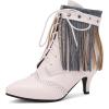 imageSHEMEE Fringe Booties for Women Kitten Heels Ankle Boots Lace Up Pointy Toe Tassel Short Boot Low Mid Heels Wingtip Tie Up Splicing Denim Vintage Dress ShoesWhite