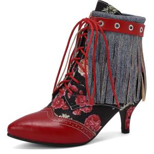 imageSHEMEE Fringe Booties for Women Kitten Heels Ankle Boots Lace Up Pointy Toe Tassel Short Boot Low Mid Heels Wingtip Tie Up Splicing Denim Vintage Dress ShoesRed