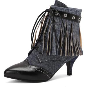 imageSHEMEE Fringe Booties for Women Kitten Heels Ankle Boots Lace Up Pointy Toe Tassel Short Boot Low Mid Heels Wingtip Tie Up Splicing Denim Vintage Dress ShoesBlack