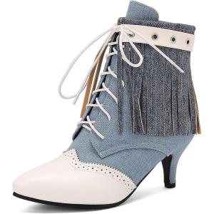 imageSHEMEE Fringe Booties for Women Kitten Heels Ankle Boots Lace Up Pointy Toe Tassel Short Boot Low Mid Heels Wingtip Tie Up Splicing Denim Vintage Dress ShoesBlueWhite