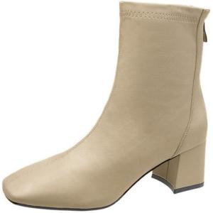 imageSHEMEE Womens Chunky Block Heels Ankle Boots Fashion GOGO Boots Round Square Toe Zip Up Booties High Heeled Dress ShoesApricot