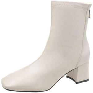 imageSHEMEE Womens Chunky Block Heels Ankle Boots Fashion GOGO Boots Round Square Toe Zip Up Booties High Heeled Dress ShoesBeige