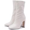 imageSHEMEE Womens Square Toe Chunky Mid Calf Boots Block High Heels Short Boot with Side ZipperBeige