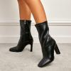 imageSHEMEE Womens Square Toe Chunky Mid Calf Boots Block High Heels Short Boot with Side ZipperBlack