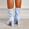 imageSHEMEE Womens Square Toe Chunky Mid Calf Boots Block High Heels Short Boot with Side ZipperLight Blue