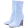 imageSHEMEE Womens Square Toe Chunky Mid Calf Boots Block High Heels Short Boot with Side ZipperLight Blue