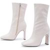imageSHEMEE Womens Square Toe Chunky Mid Calf Boots Block High Heels Short Boot with Side ZipperBeige