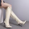 imageSHEMEE Knee High Boots Sexy Pointy Toe Stiletto High Heels Studded Punk Tall Boot Party Dressy Stripper Heels for WomenBeige
