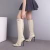 imageSHEMEE Knee High Boots Sexy Pointy Toe Stiletto High Heels Studded Punk Tall Boot Party Dressy Stripper Heels for WomenBeige