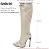 imageSHEMEE Knee High Boots Sexy Pointy Toe Stiletto High Heels Studded Punk Tall Boot Party Dressy Stripper Heels for WomenBeige