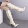 imageSHEMEE Knee High Boots Sexy Pointy Toe Stiletto High Heels Studded Punk Tall Boot Party Dressy Stripper Heels for WomenBeige