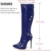 imageSHEMEE Knee High Boots Sexy Pointy Toe Stiletto High Heels Studded Punk Tall Boot Party Dressy Stripper Heels for WomenBlue
