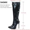 imageSHEMEE Knee High Boots Sexy Pointy Toe Stiletto High Heels Studded Punk Tall Boot Party Dressy Stripper Heels for WomenDark Green