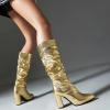 imageSHEMEE Sparkly Mid Calf Slouch Boots Sequins Chunky High Heels Boots Pointed Toe Block Heeled Disco Boots For Saloon Girl LadiesGold