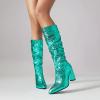 imageSHEMEE Sparkly Mid Calf Slouch Boots Sequins Chunky High Heels Boots Pointed Toe Block Heeled Disco Boots For Saloon Girl LadiesGreen