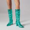 imageSHEMEE Sparkly Mid Calf Slouch Boots Sequins Chunky High Heels Boots Pointed Toe Block Heeled Disco Boots For Saloon Girl LadiesGreen