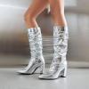 imageSHEMEE Sparkly Mid Calf Slouch Boots Sequins Chunky High Heels Boots Pointed Toe Block Heeled Disco Boots For Saloon Girl LadiesSilver