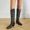 imageSHEMEE Western Cowboy Boots for Women Embroidered Chunky Heels Knee High Boots Block Mid Heel Cowgirl Tall BootsBlack
