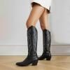 imageSHEMEE Western Cowboy Boots for Women Embroidered Chunky Heels Knee High Boots Block Mid Heel Cowgirl Tall BootsBlack