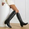 imageSHEMEE Western Cowboy Boots for Women Embroidered Chunky Heels Knee High Boots Block Mid Heel Cowgirl Tall BootsBlack