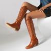 imageSHEMEE Western Cowboy Boots for Women Embroidered Chunky Heels Knee High Boots Block Mid Heel Cowgirl Tall BootsBrown