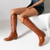 imageSHEMEE Western Cowboy Boots for Women Embroidered Chunky Heels Knee High Boots Block Mid Heel Cowgirl Tall BootsBrown