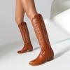 imageSHEMEE Western Cowboy Boots for Women Embroidered Chunky Heels Knee High Boots Block Mid Heel Cowgirl Tall BootsBrown