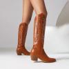 imageSHEMEE Western Cowboy Boots for Women Embroidered Chunky Heels Knee High Boots Block Mid Heel Cowgirl Tall BootsBrown